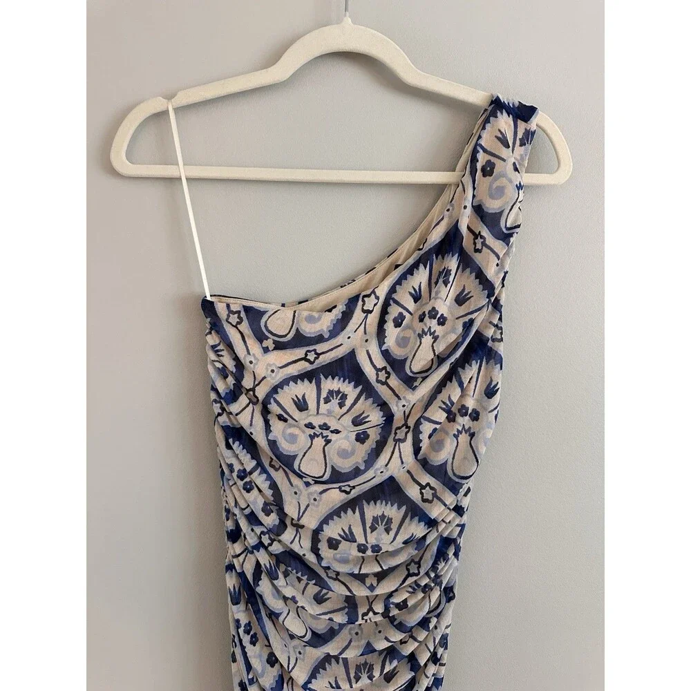 House of Harlow 1960 One Shoulder Ruched Midi Dress Blue Cream Print Size Small